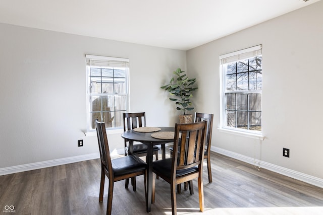 dining area featuring wood finished floors and baseboards