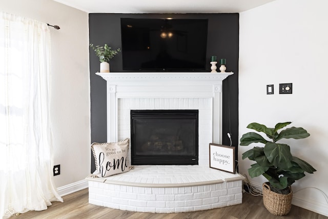 room details with a fireplace, baseboards, and wood finished floors