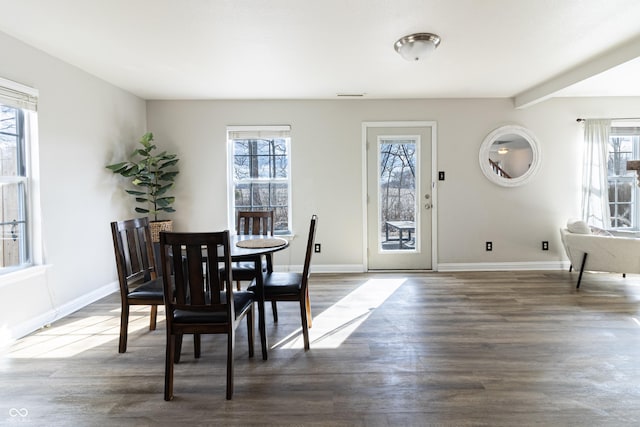 dining room with visible vents, baseboards, and wood finished floors