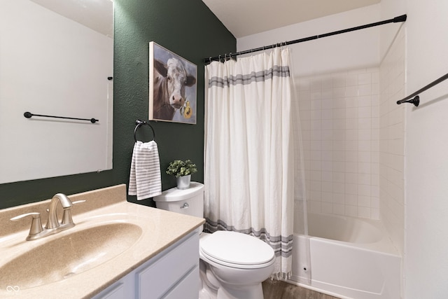 full bath featuring shower / tub combo, vanity, toilet, and wood finished floors