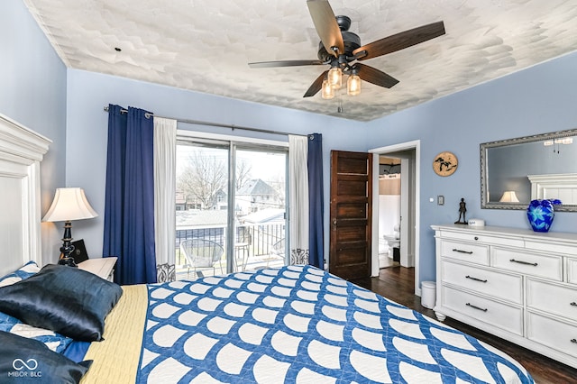 bedroom with a ceiling fan, access to exterior, and dark wood-style floors