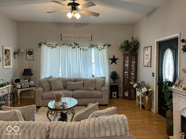 living room with ceiling fan and light hardwood / wood-style flooring