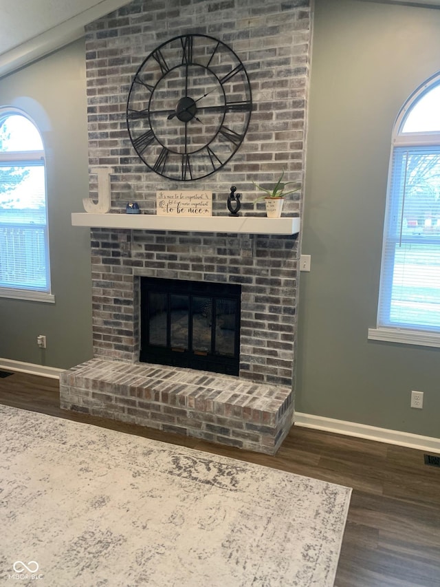 details with wood-type flooring and a fireplace