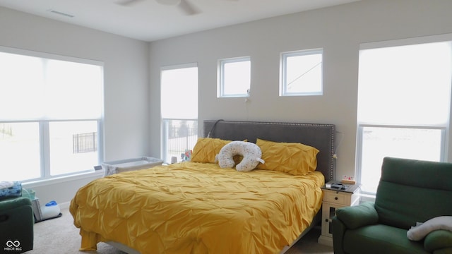 bedroom with multiple windows and carpet