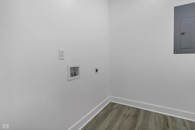 laundry room with hookup for a washing machine, wood-type flooring, hookup for an electric dryer, and electric panel