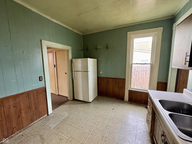 kitchen with sink, wood walls, and white refrigerator