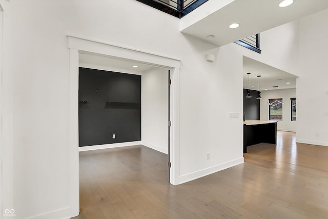 interior space featuring a high ceiling and dark hardwood / wood-style flooring