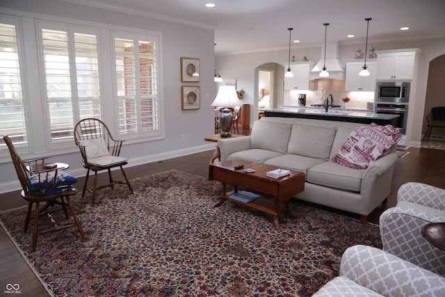 living room with crown molding and dark wood-type flooring