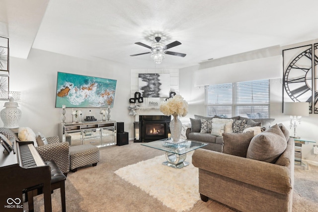 living room with light colored carpet and ceiling fan