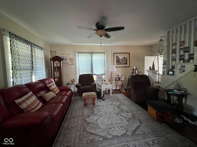 living room featuring ceiling fan