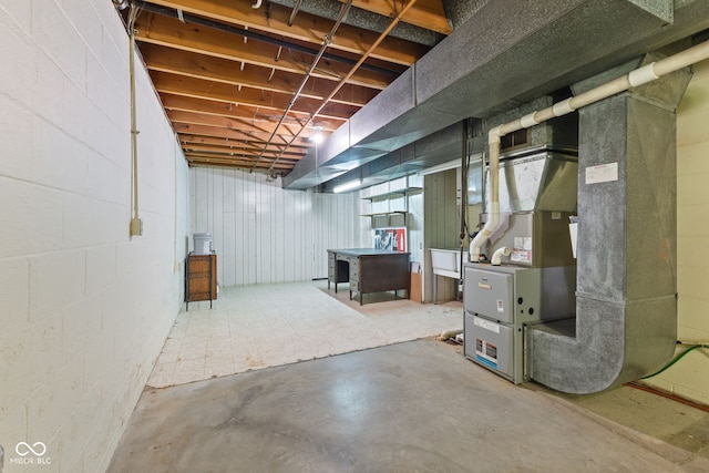 basement featuring heating unit