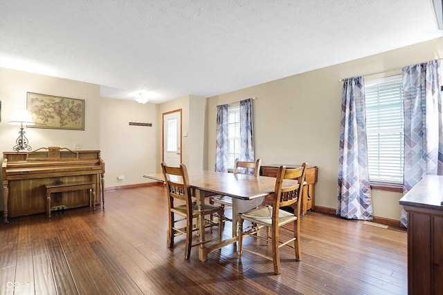 dining space with hardwood / wood-style floors, a textured ceiling, and a healthy amount of sunlight