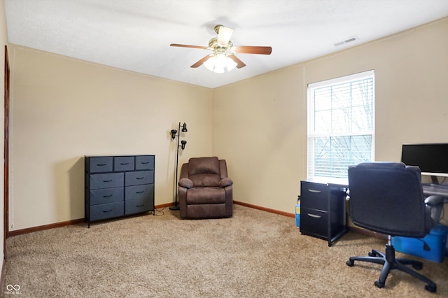 office featuring light colored carpet and ceiling fan