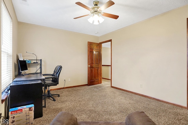 office featuring carpet flooring and ceiling fan