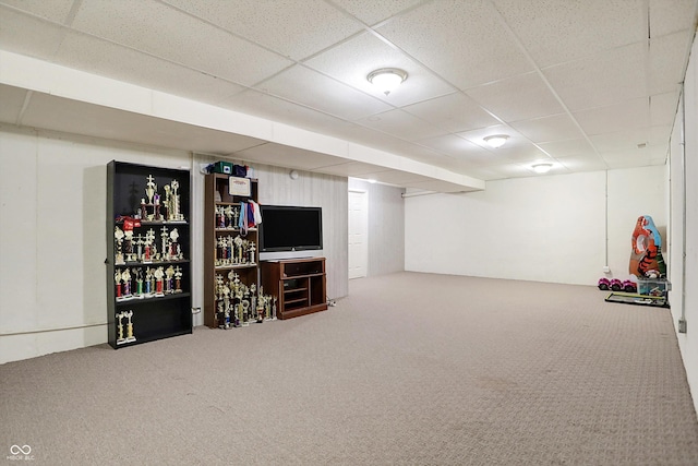 basement with a drop ceiling and carpet flooring