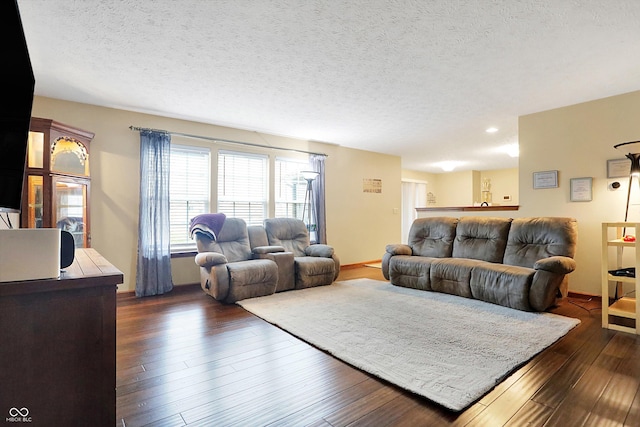 living room with dark hardwood / wood-style floors and a textured ceiling