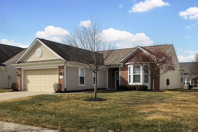 ranch-style house with a garage and a front lawn