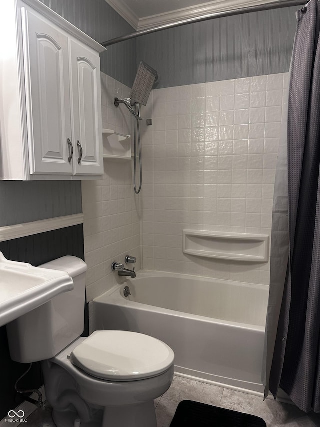 bathroom with toilet, crown molding, shower / tub combo with curtain, and tile patterned floors