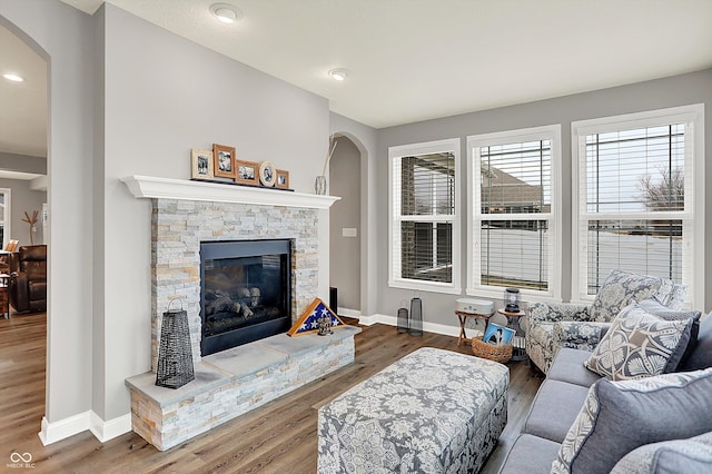 living room with a stone fireplace and hardwood / wood-style floors