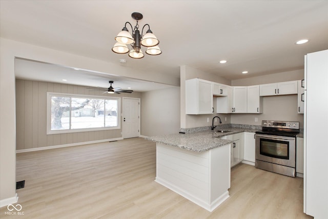 kitchen with white cabinetry, sink, stainless steel range with electric cooktop, hanging light fixtures, and kitchen peninsula