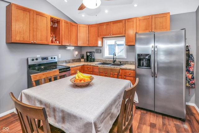 kitchen featuring lofted ceiling, stainless steel appliances, dark hardwood / wood-style flooring, and sink