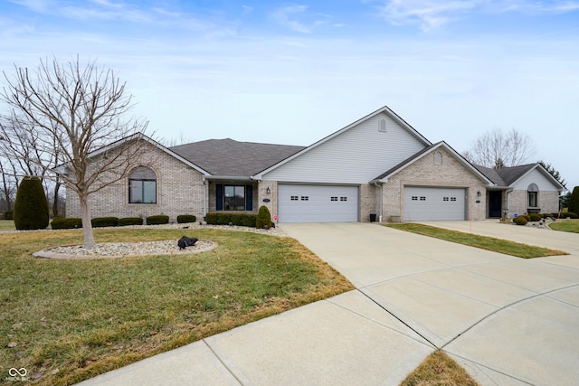 single story home featuring a garage and a front lawn