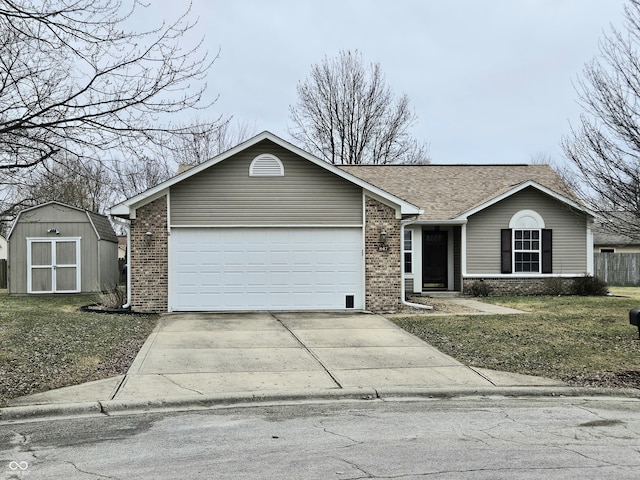 ranch-style home with a storage shed and a front yard