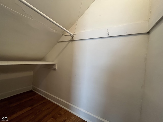 walk in closet featuring lofted ceiling and dark hardwood / wood-style flooring