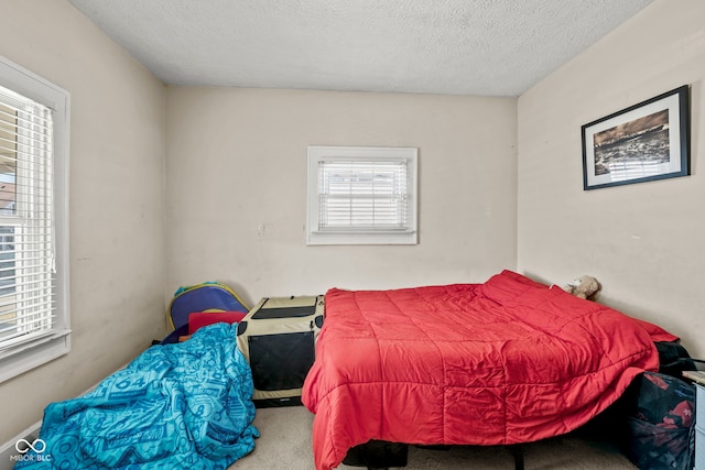 bedroom with carpet and a textured ceiling