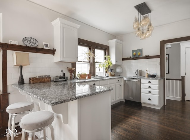 kitchen with dishwasher, open shelves, a peninsula, and white cabinetry