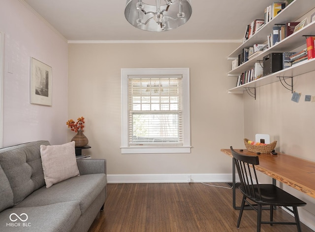 office space featuring dark wood-style floors, a chandelier, baseboards, and ornamental molding