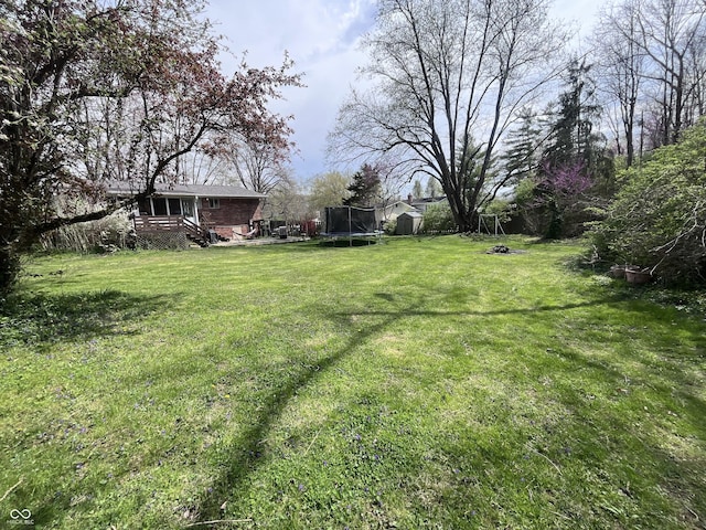 view of yard featuring a wooden deck and a trampoline