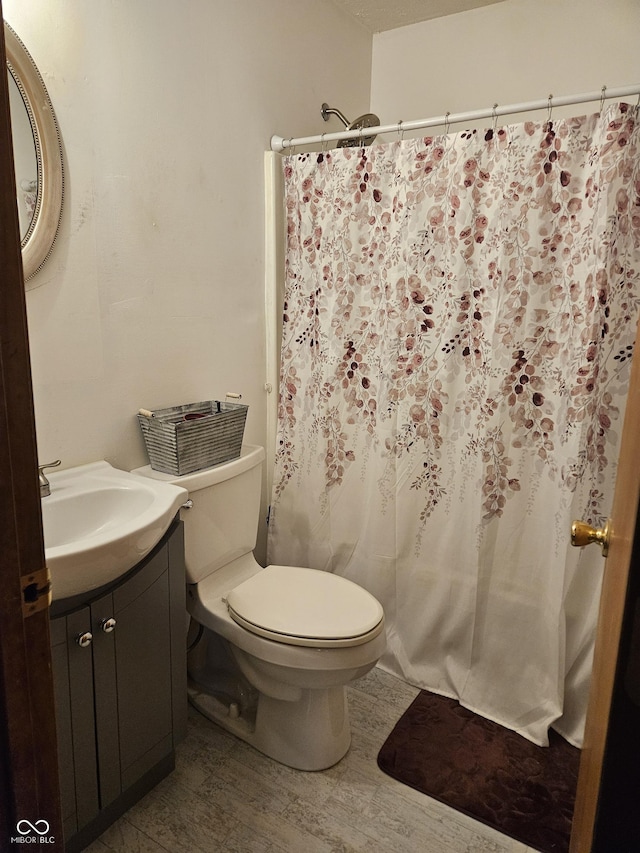 bathroom with hardwood / wood-style flooring, vanity, walk in shower, and toilet