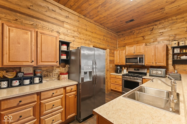 kitchen featuring sink, wood ceiling, wooden walls, and appliances with stainless steel finishes