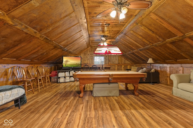 game room with lofted ceiling, pool table, wooden ceiling, hardwood / wood-style flooring, and ceiling fan