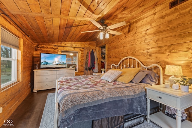 bedroom with wood ceiling, dark wood-type flooring, a spacious closet, vaulted ceiling, and wood walls
