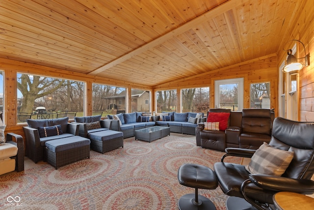 carpeted living room featuring wood ceiling, vaulted ceiling, and wood walls