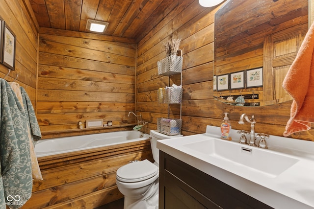 bathroom featuring wood ceiling, wooden walls, vanity, a tub, and toilet