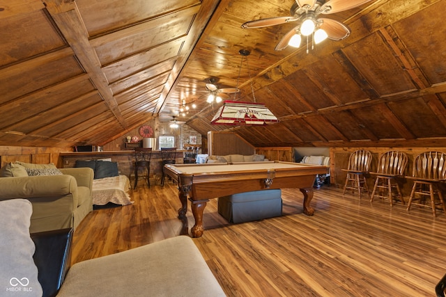 playroom with billiards, lofted ceiling with beams, hardwood / wood-style flooring, ceiling fan, and wooden ceiling