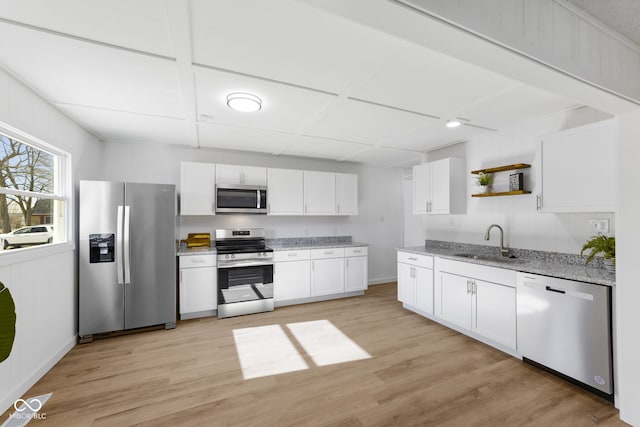 kitchen featuring sink, stainless steel appliances, light hardwood / wood-style floors, and white cabinets