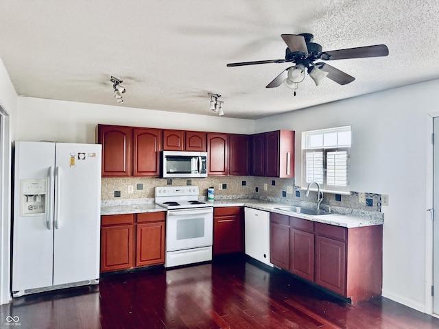 kitchen with tasteful backsplash, white appliances, dark hardwood / wood-style floors, and sink