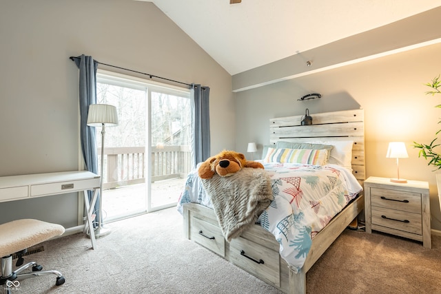 carpeted bedroom with access to exterior and vaulted ceiling