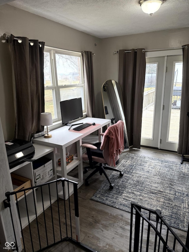 office space with hardwood / wood-style flooring and a textured ceiling