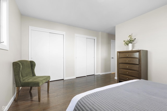 bedroom with dark wood-type flooring and two closets