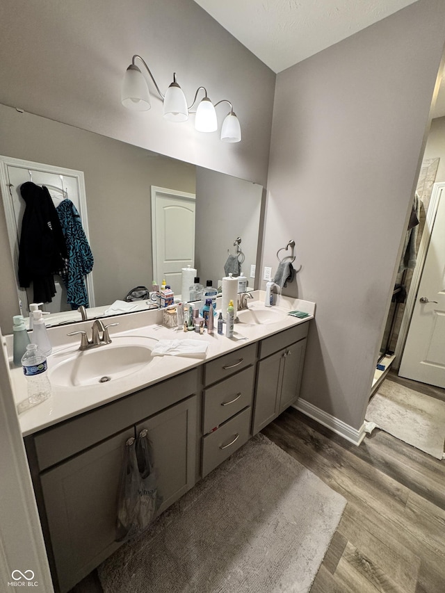 bathroom with vanity and hardwood / wood-style flooring