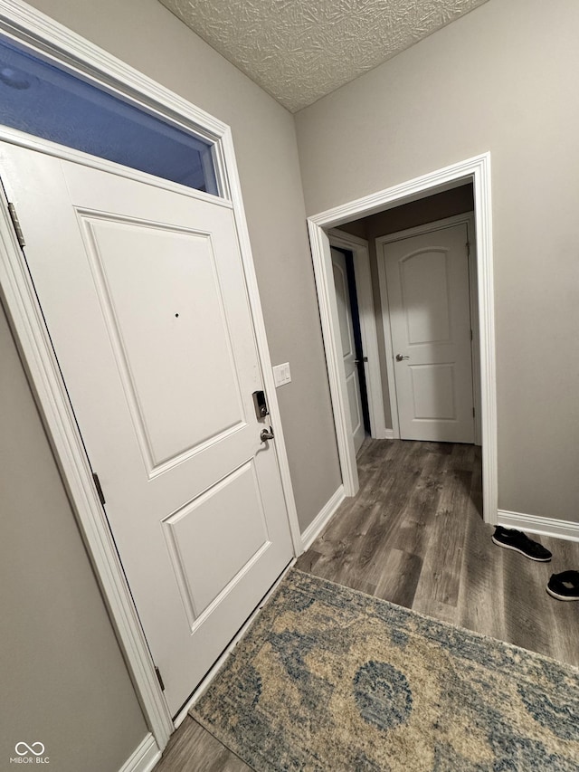 interior space featuring dark wood-type flooring and a textured ceiling