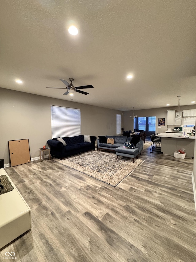 living room with ceiling fan, hardwood / wood-style floors, and a textured ceiling