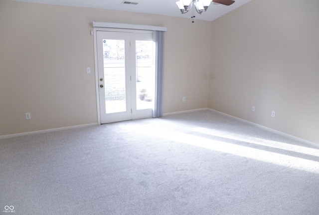 unfurnished room with carpet floors and ceiling fan