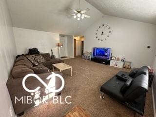 living room featuring ceiling fan, vaulted ceiling, and carpet