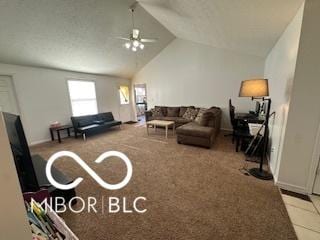 carpeted living room with vaulted ceiling and ceiling fan